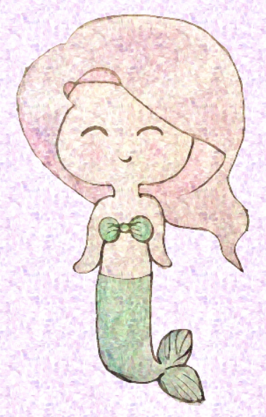 Sketch of a mermaid, with pinky hair and green shell top and tail.